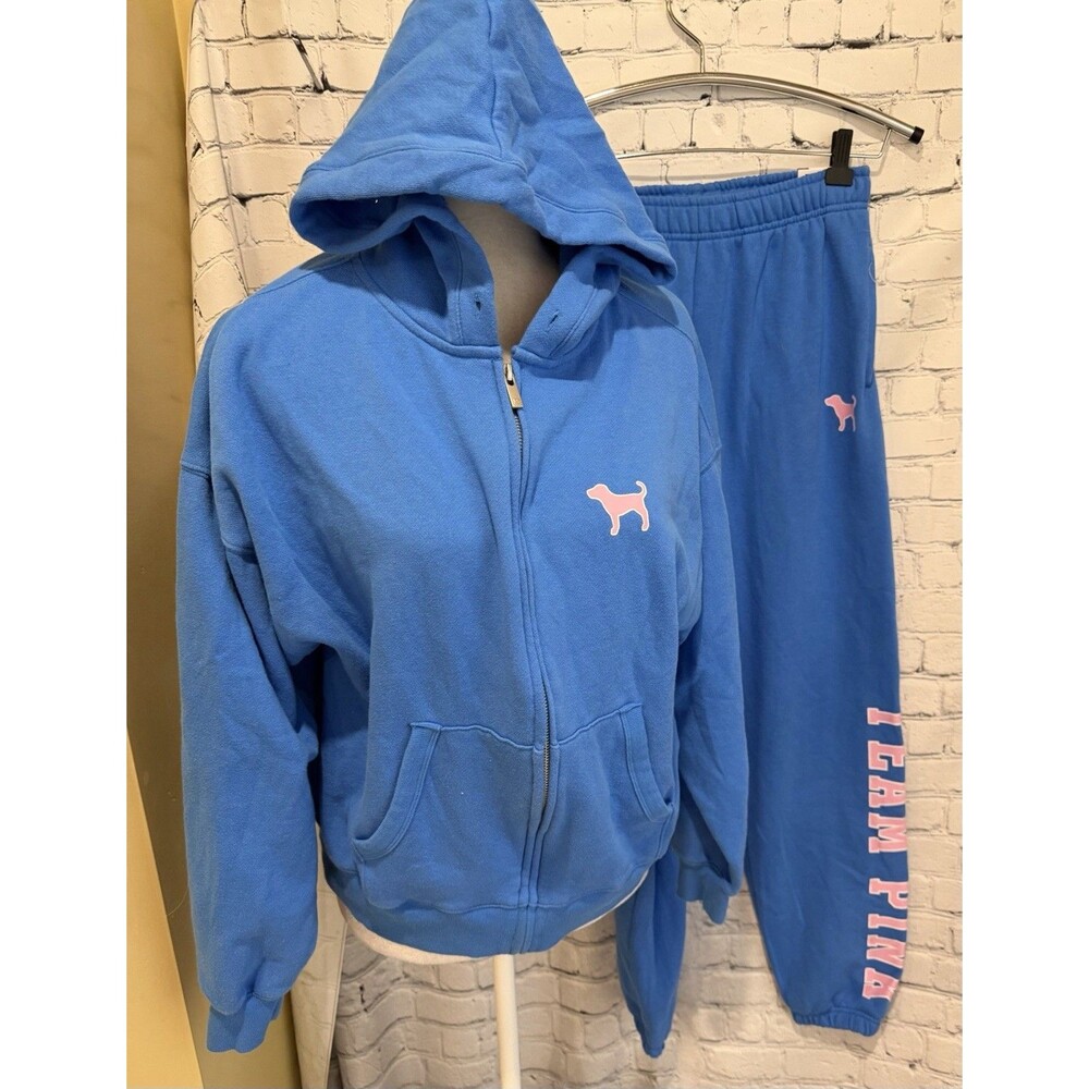 Victoria Secret PINK Blue Full Zip Hoodie XS & NWT Sweatpants Small - Picture 2 of 16